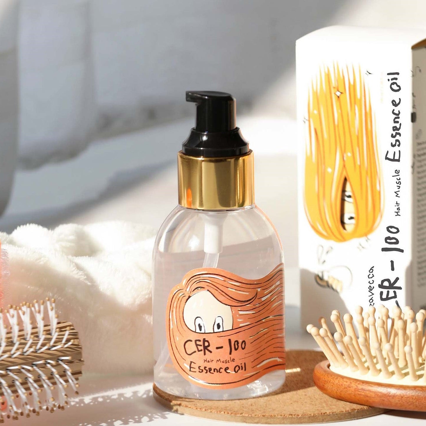 Elizavecca CER-100 Hair Muscle Essence Oil bottle on vanity table